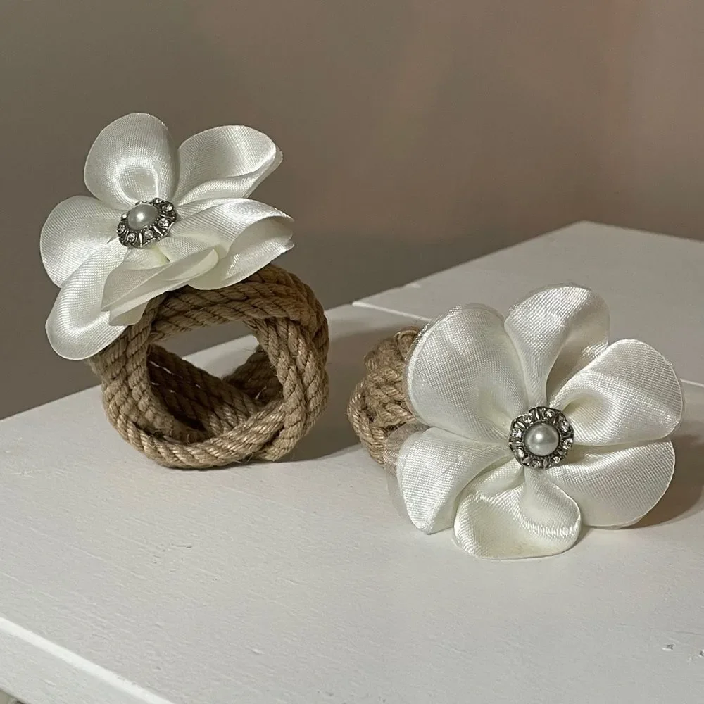 Two White Flower Rustic Wedding Napkin Rings Handmade With Burlap